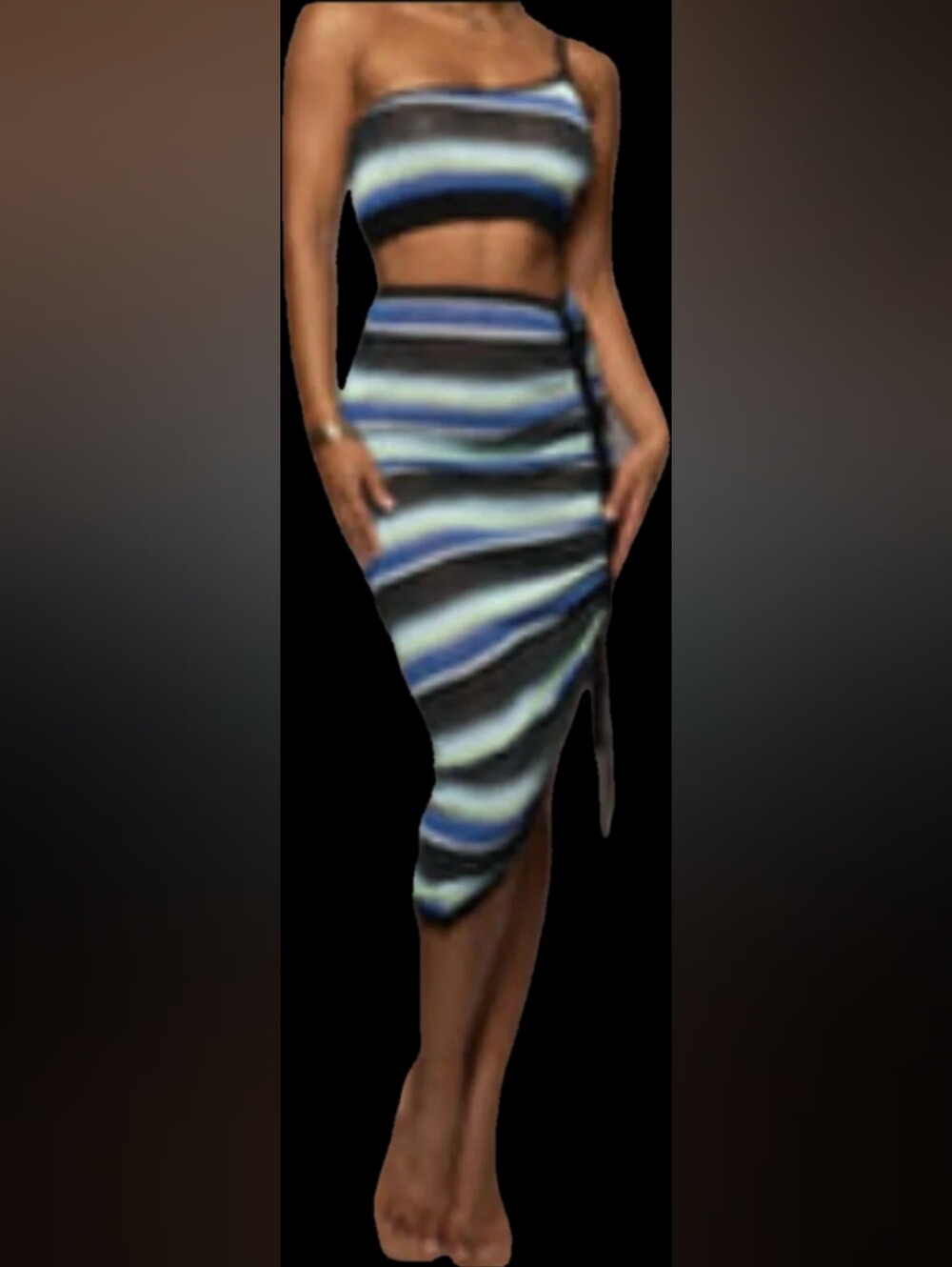 JLUX Label Striped Blue Midi Pencil Skirt and Crop Top Set